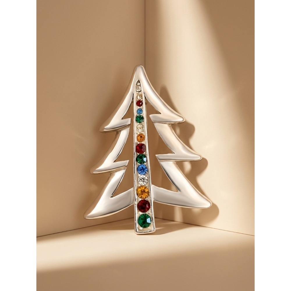 Vintage Silver Rhinestone Christmas Tree Brooch Pin Retro Holiday Y2K Rare